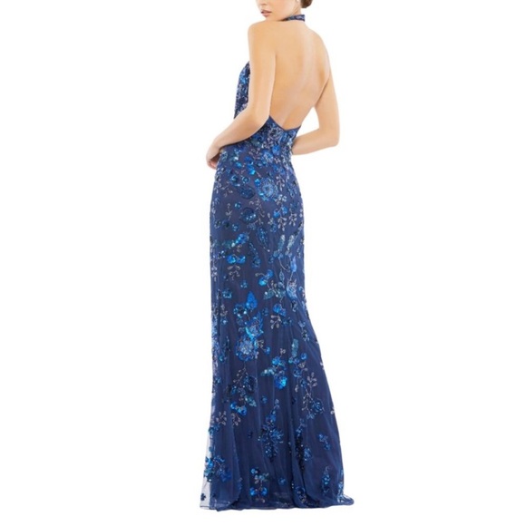 NWOT Mac Duggal navy blue FLORAL EMBELLISHED HALTER GOWN 16 - Picture 4 of 8